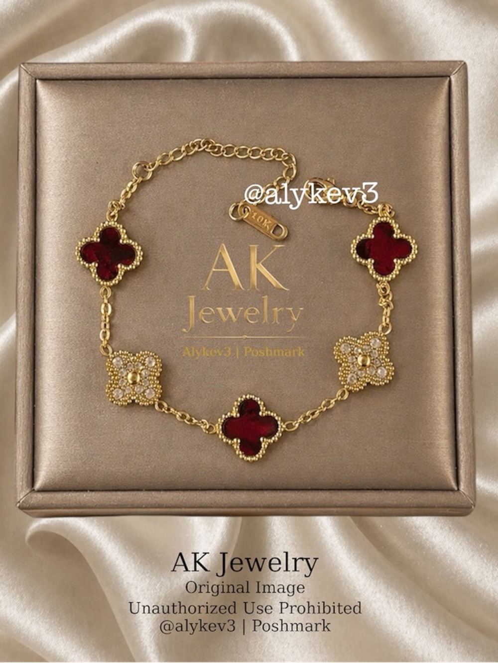 💎18k RUBY RED LUXURY QUATREFOIL Clover 5 Motif Bracelet, Pave and Ruby Red GP